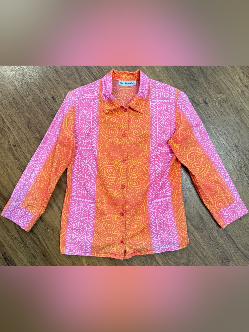 Vintage Marimekko Top button up blouse Paisley Geometric Orange Pink Authentic